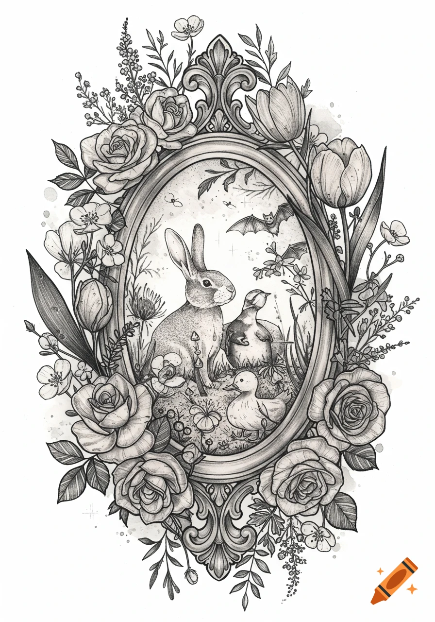 Monochrome illustration of a rabbit, two ducks, and bats within an ornate oval frame surrounded by roses, tulips, and wildflowers.