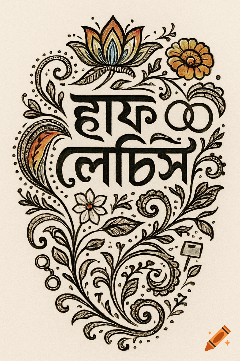 Henna-style floral design featuring Bangla script 'হাফ লেডিস' surrounded by swirling vines, flowers, and two interlocking circles.