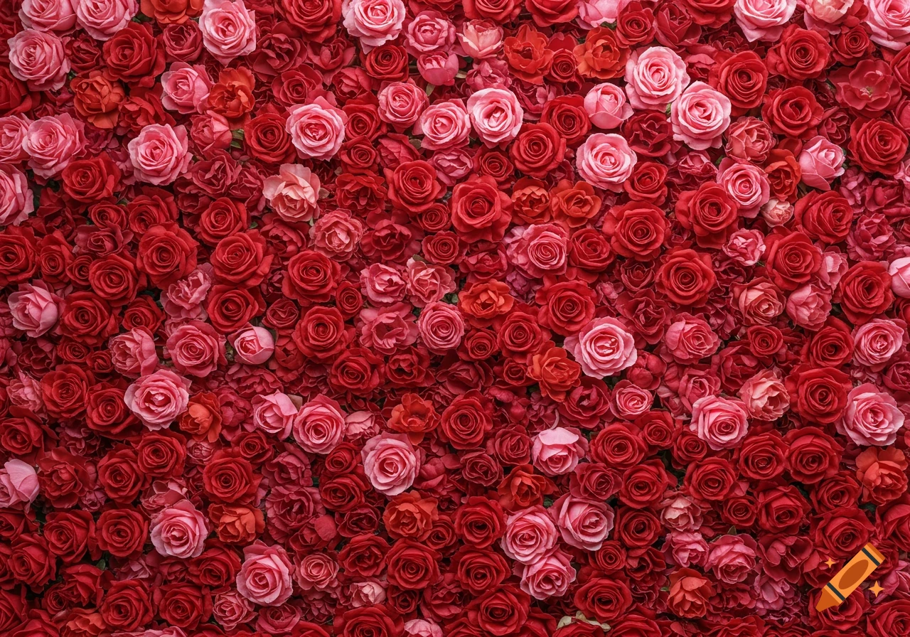 A dense wall of red and pink roses.