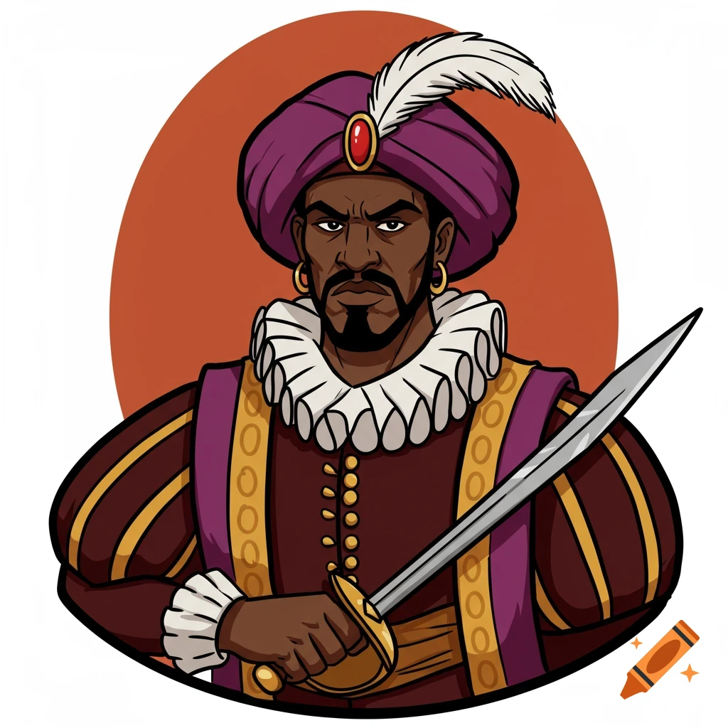 Cartoon illustration of a dark-skinned man in historical costume, wearing a purple turban, ruffled collar, and holding a sword. He has a stern expression.