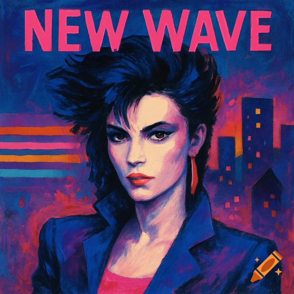 Stylized 80s new wave album cover featuring a woman with dark hair and bright makeup, against a cityscape background with pink text 'NEW WAVE'.