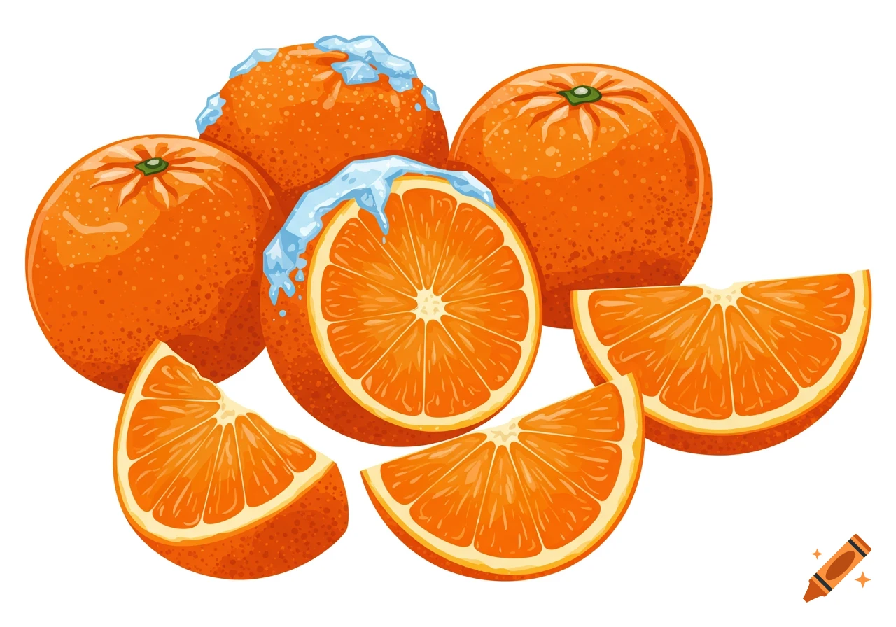 An illustration of whole and sliced oranges, some with blue ice on them.