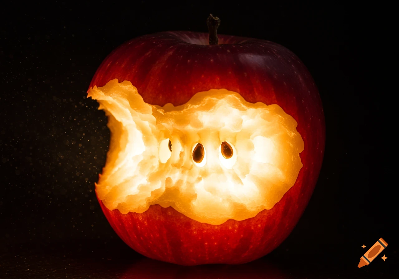 Photorealistic close-up of a red apple, bitten to reveal a brightly glowing, orange core with three dark seeds against a dark background.