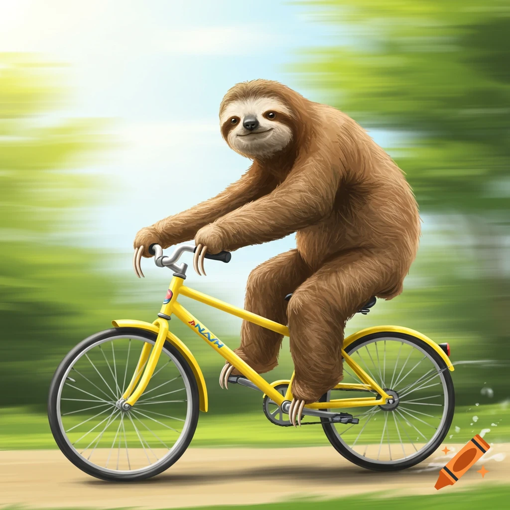 A smiling sloth rides a yellow bicycle quickly through a sunny, green park with motion blur.