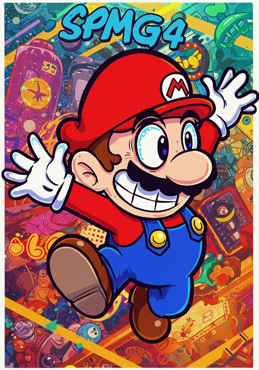 Cartoon Mario with big smile and raised arms, set against a vibrant, abstract background with the text 'SPMG4'.