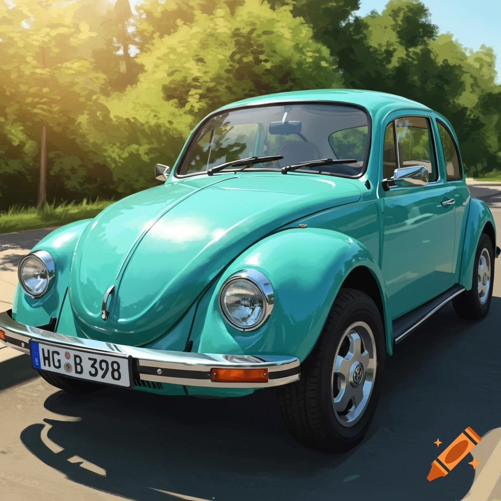 A vibrant teal vintage Volkswagen Beetle car is parked on a sunlit street, surrounded by green trees.