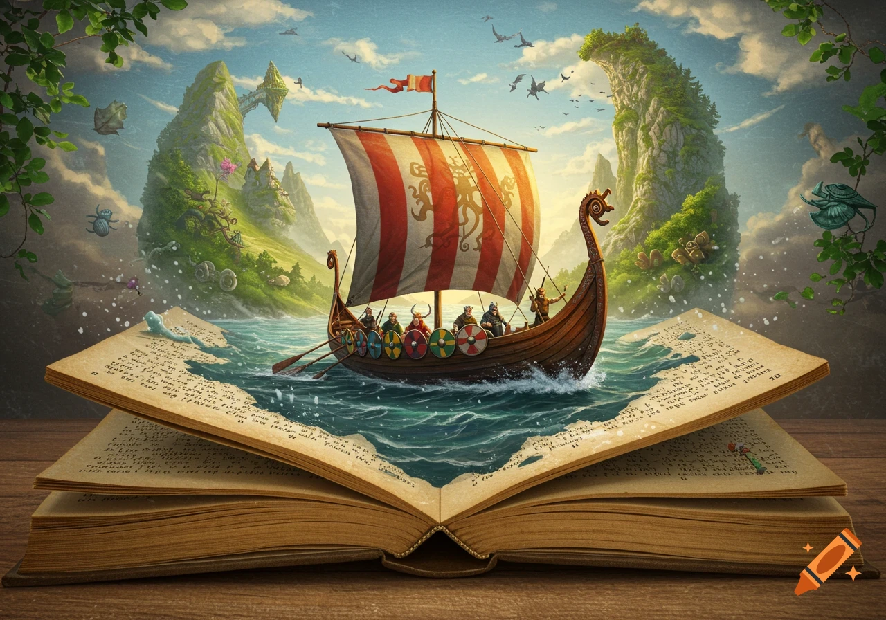 A vibrant illustration of a Viking longship sailing out of an open storybook into a fantasy landscape with floating islands.