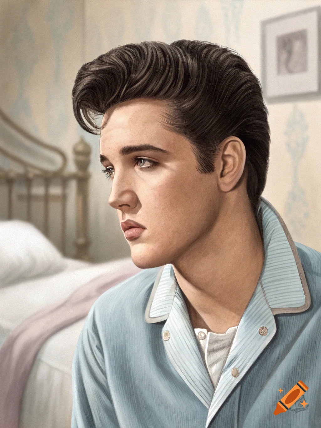 Painterly portrait of a young man resembling Elvis Presley in blue pajamas, looking left, in a bedroom.