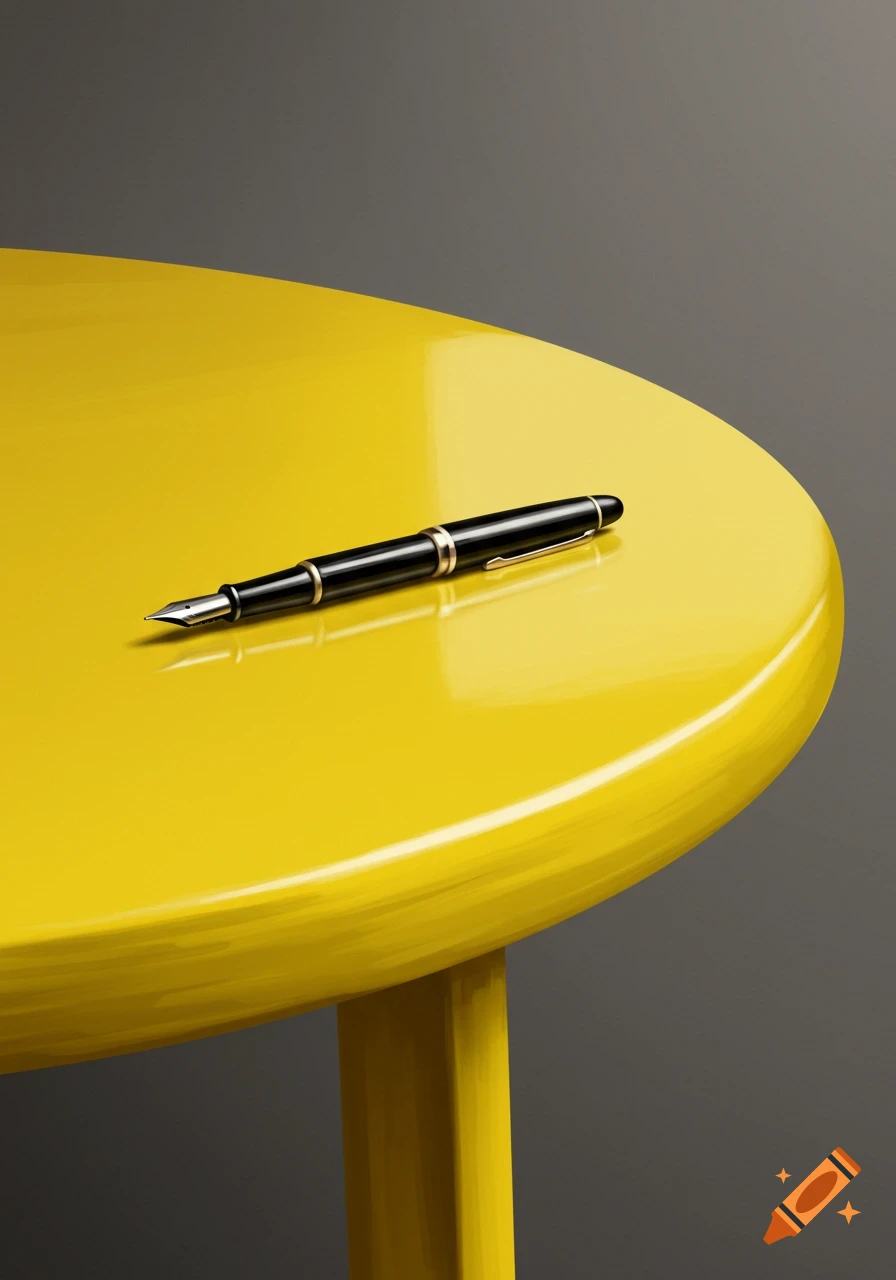 A black fountain pen lies on a glossy yellow round table with a dark gray background. Photorealistic style.
