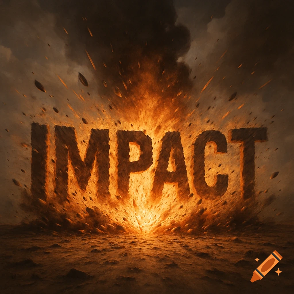 The word 'IMPACT' in stone letters explodes from the ground with fire and debris, under a smoky sky.