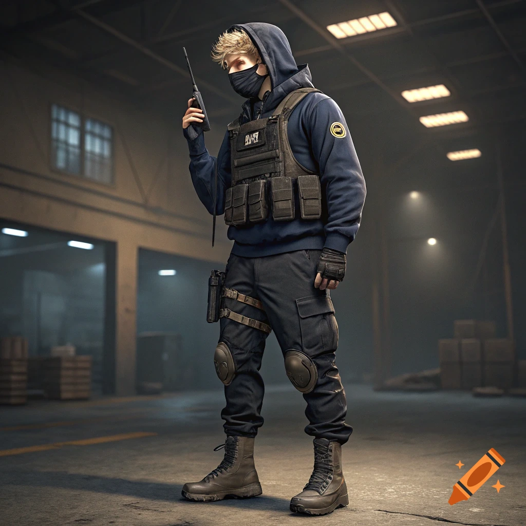 A person in tactical gear, wearing a black mask and a hooded sweatshirt, holding a radio in a dimly lit warehouse.