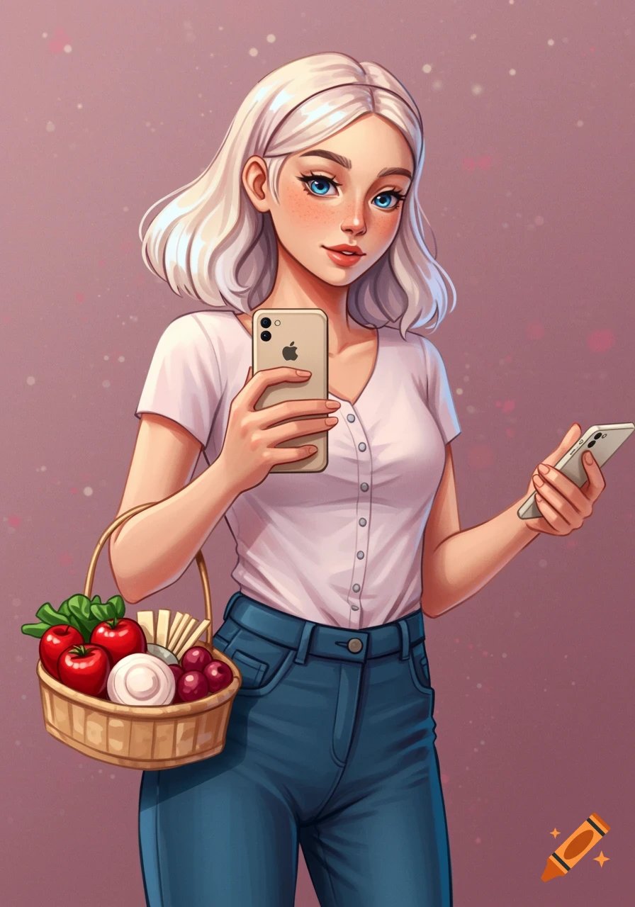 A stylized illustration of a young woman with white hair holding two smartphones and a basket of produce.