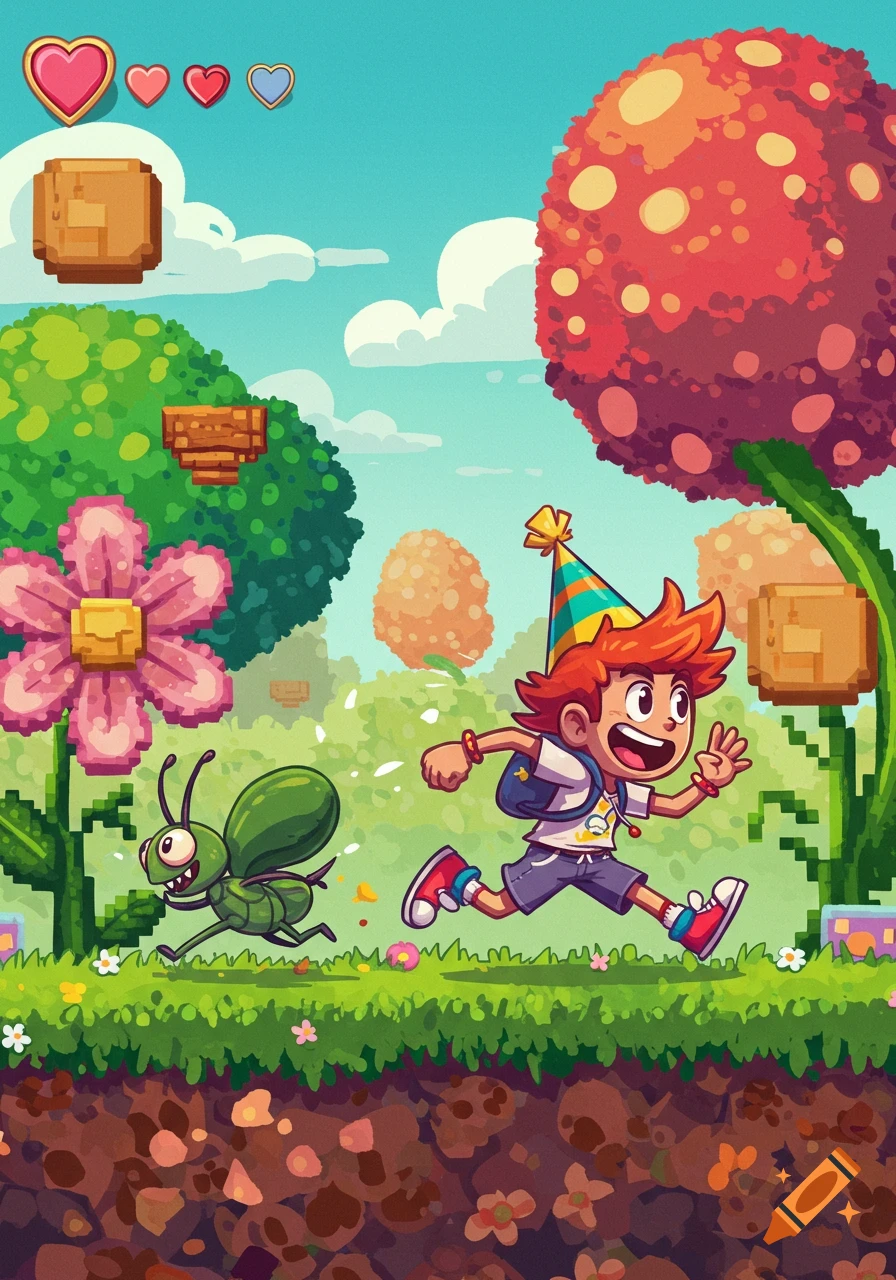 A cheerful cartoon boy in a party hat runs through a vibrant, pixelated video game landscape, pursued by a green insect, with game hearts and blocks visible.