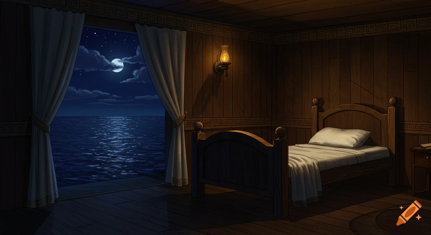 A stylized illustration of a Greek-style bedroom on a ship at night, featuring a wooden bed, a lamp, and a moonlit ocean view.