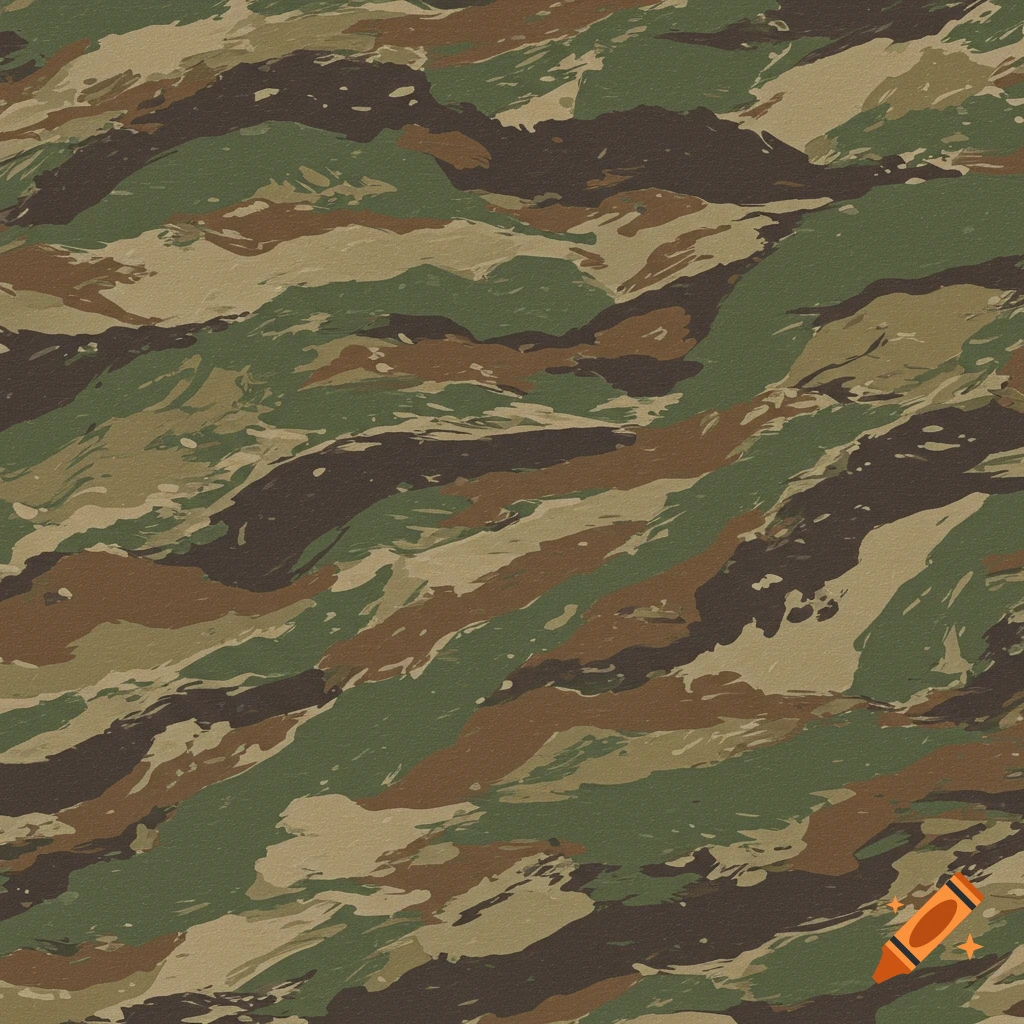 A detailed tigerstripe camouflage pattern in shades of brown, green, and tan.