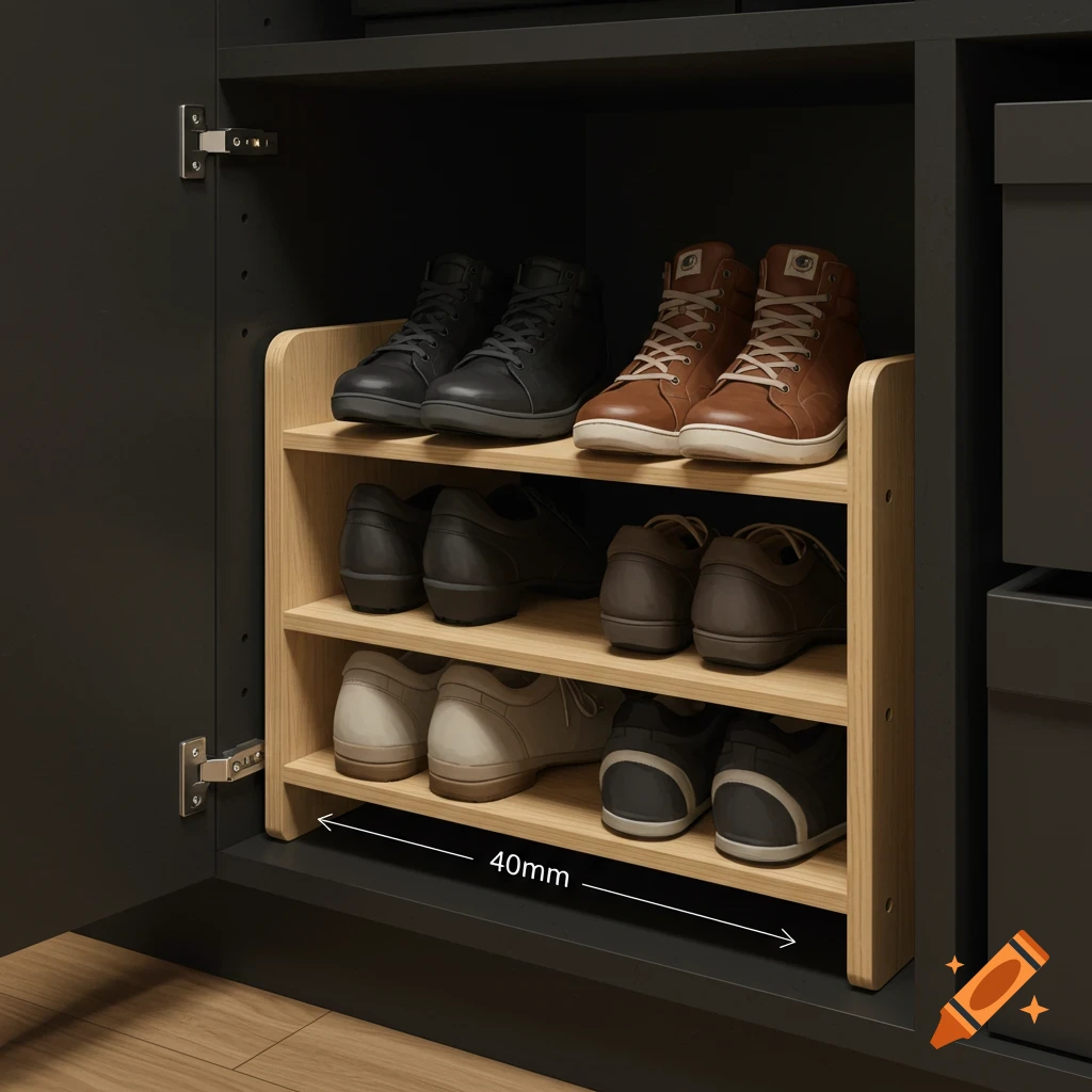A two-tier wooden shoe rack holding several pairs of shoes, placed inside a dark grey cupboard, with a "40mm" measurement indicated.