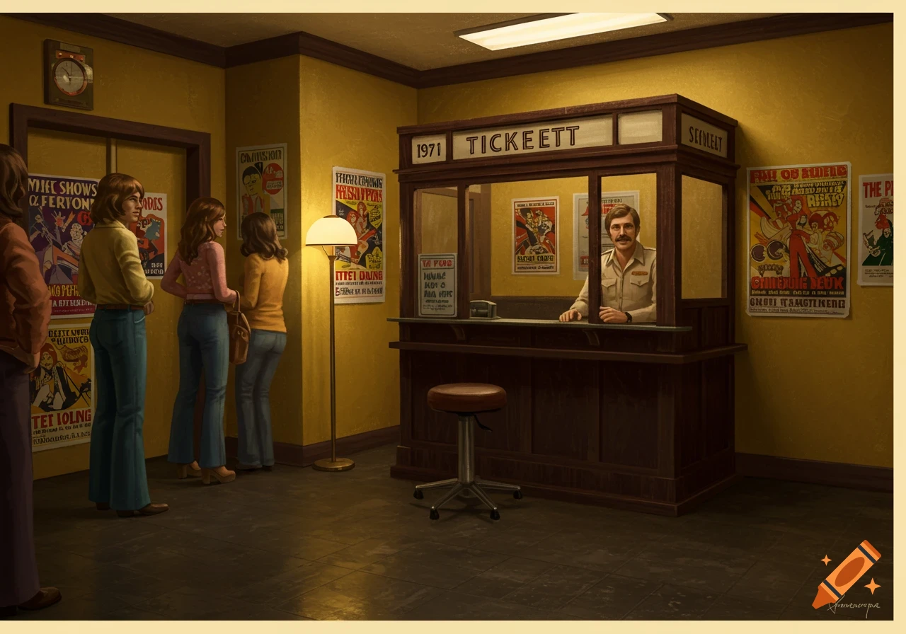 People wait in line at a vintage 1971-style ticket booth in a dimly lit, yellow-walled room.