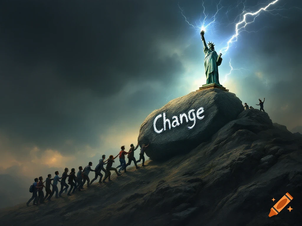 People push a large rock labeled 'Change' up a hill toward a lightning-striking Statue of Liberty under a stormy sky.