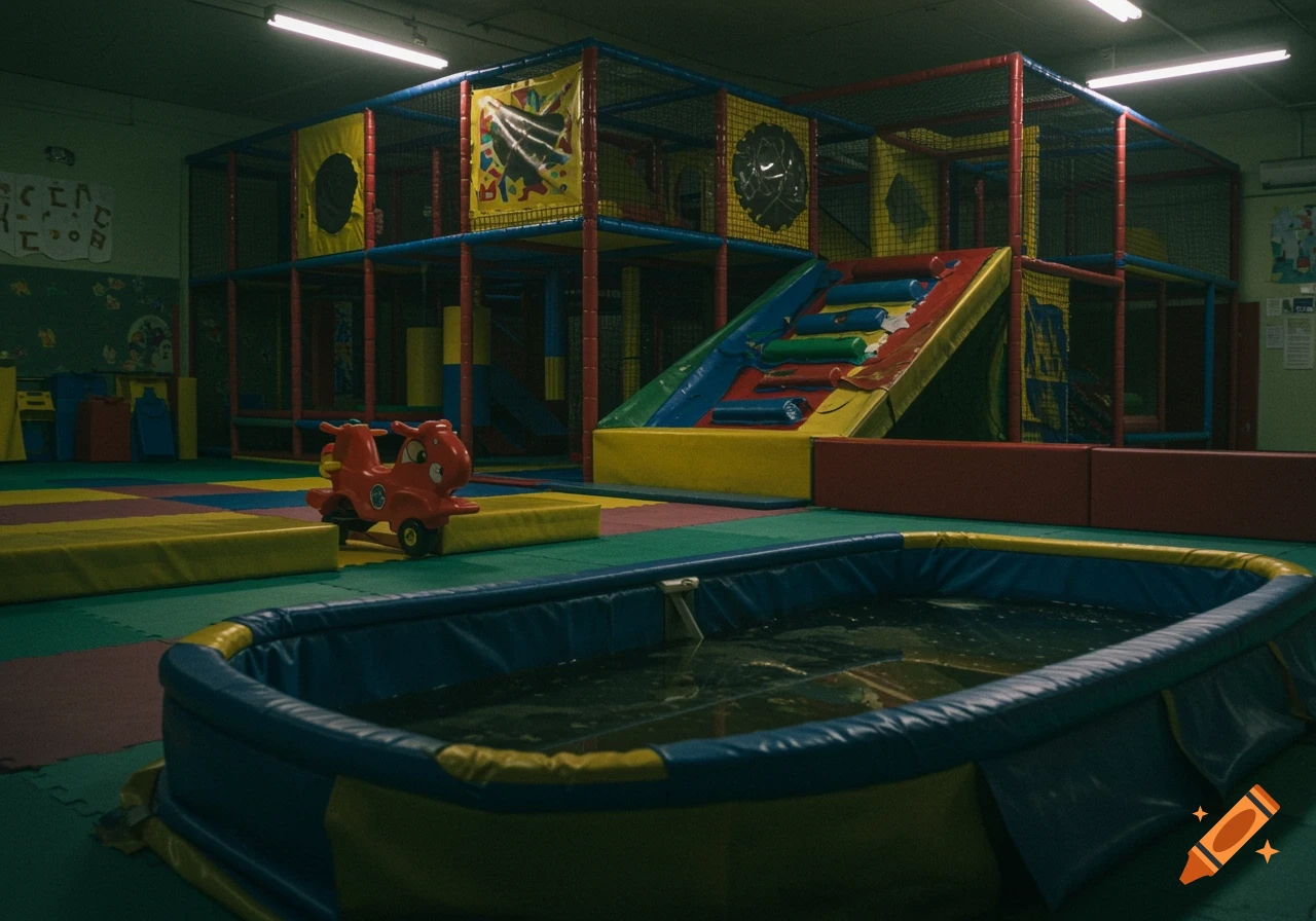 An eerie, dimly lit indoor soft play area with a large multi-level structure, a small red toy car, and a dark, murky water-filled pool in the foreground.