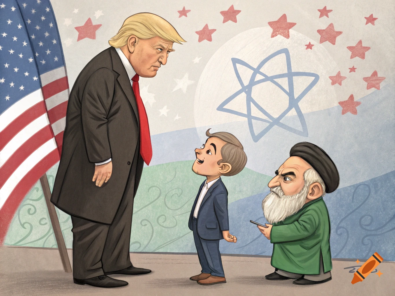 Cartoon of Donald Trump towering over smaller caricatures of Benjamin Netanyahu and Ruhollah Khomeini, with a US flag, stars, and a Star of David-like symbol in the background.