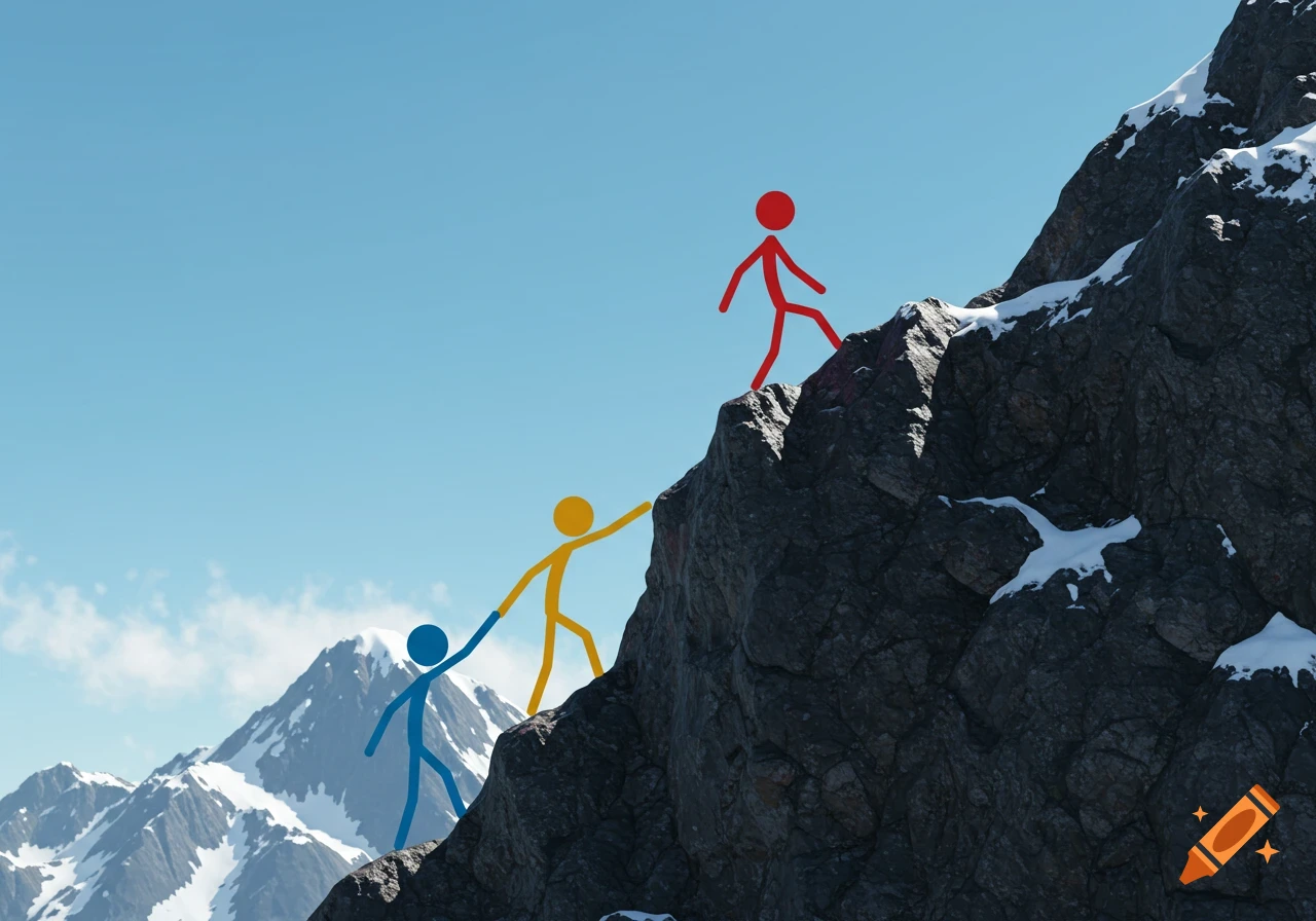 Three colorful stick figures, blue, yellow, and red, ascend a rugged, snowy mountain, helping each other climb.