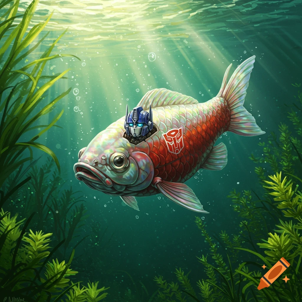 Optimus Prime's head emerges from a goldfish swimming underwater with a Transformers logo on its side.
