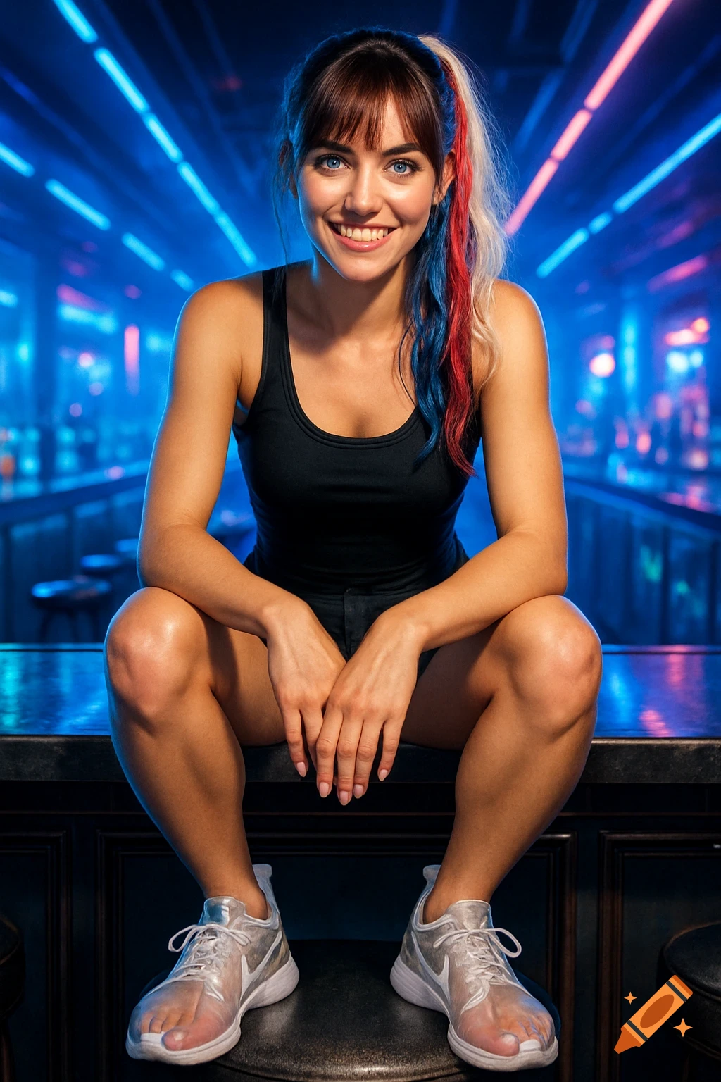 A photorealistic digital illustration of a smiling woman with blue eyes and red, white, and blue hair sitting on a bar top in a neon-lit nightclub.