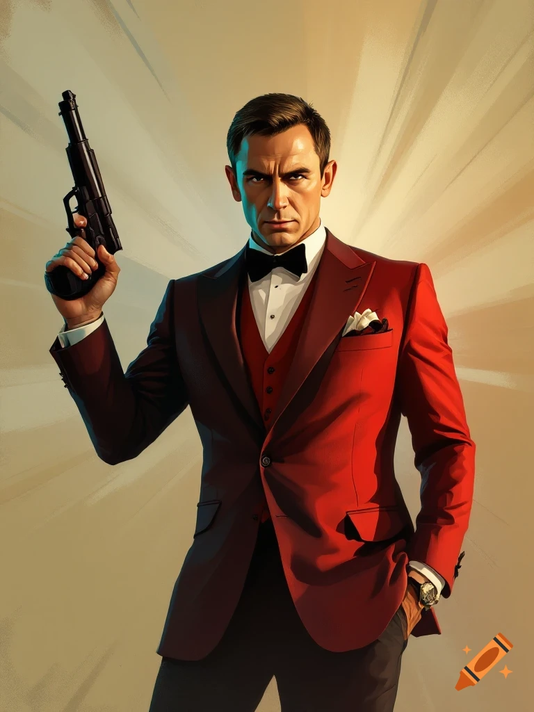 A man resembling James Bond in a red suit and bow tie, holding a pistol, against a warm, stylized background.