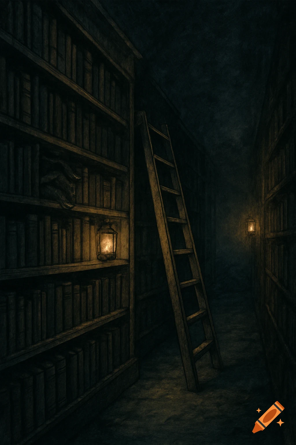 Dimly lit, textured library aisle with tall bookshelves, a wooden ladder, and two glowing lanterns, one hanging on a shelf.
