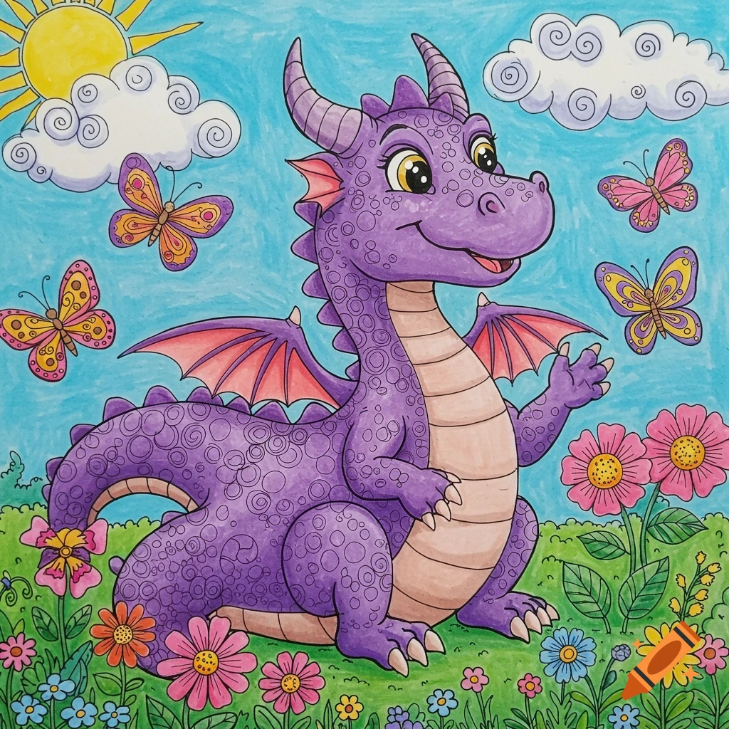 A cute purple dragon sits in a field of colorful flowers with butterflies under a sunny blue sky, in a cartoon coloring page style.