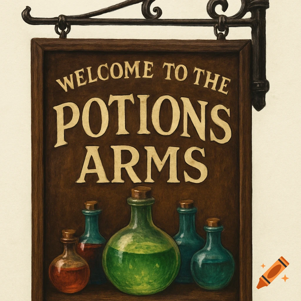 A wooden pub sign with a wrought iron hanger reads "WELCOME TO THE POTIONS ARMS" above an array of colorful potion bottles.