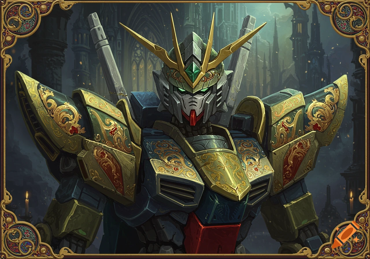 A detailed illustration of a Gundam robot adorned with ornate medieval-style gold and green armor, standing before a dark gothic cathedral.