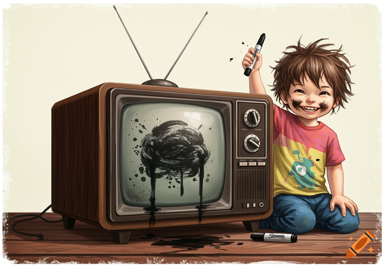 A smiling child with a messy face holds a black marker next to a vintage television with a large black ink smudge on its screen. Ink stains are on the wooden table.