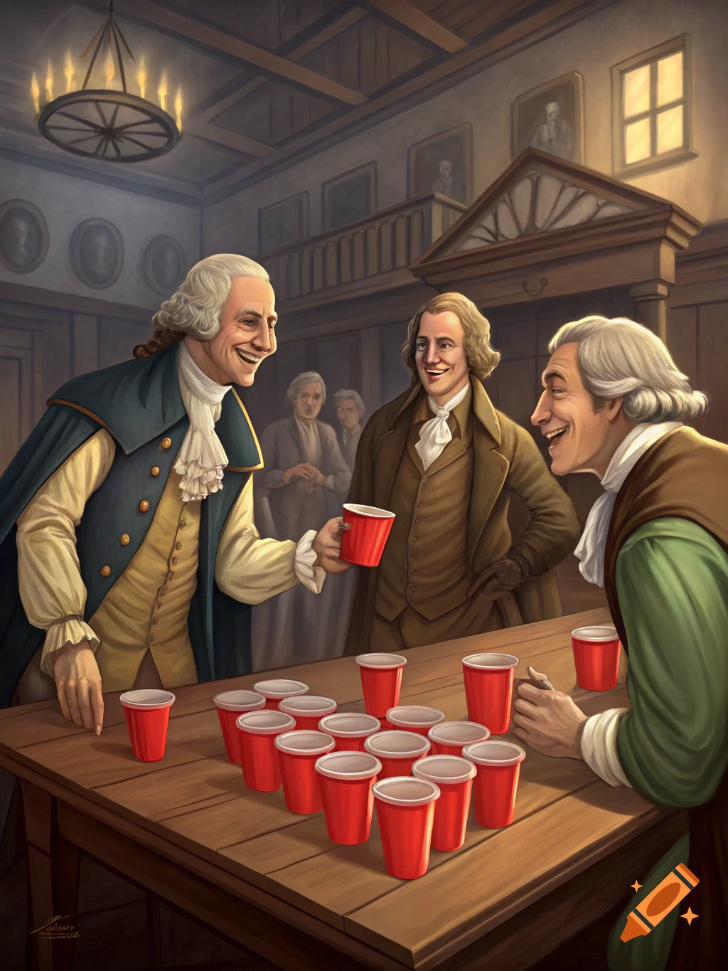 Three founding fathers in period clothing laughing while playing beer pong with red cups on a wooden table in a dimly lit hall.