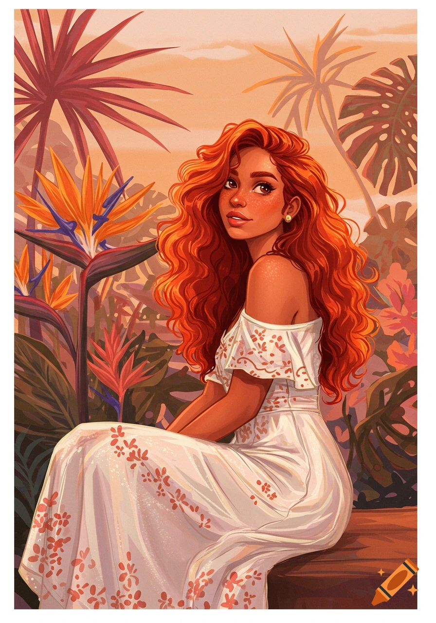 Illustration of a red-haired woman in a white dress sitting among tropical plants and orange bird-of-paradise flowers.