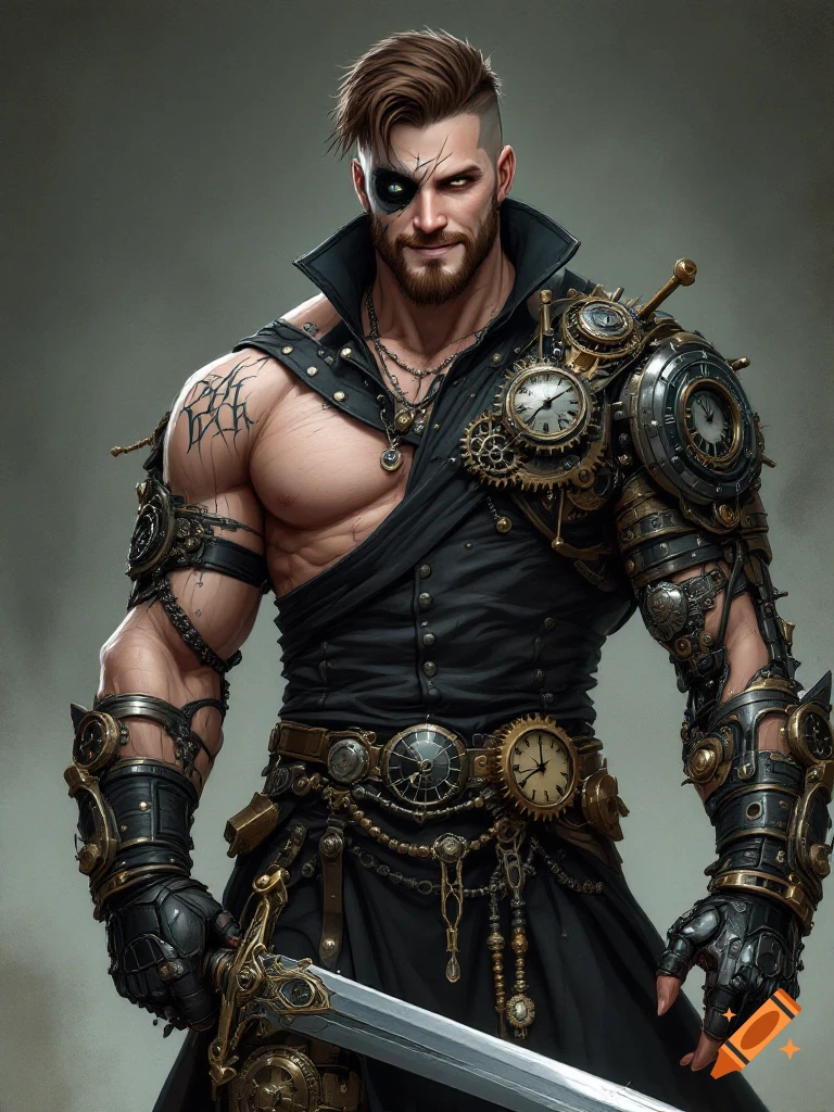 A muscular man with a cybernetic eye and steampunk attire, featuring gears and clocks, holds a long sword.