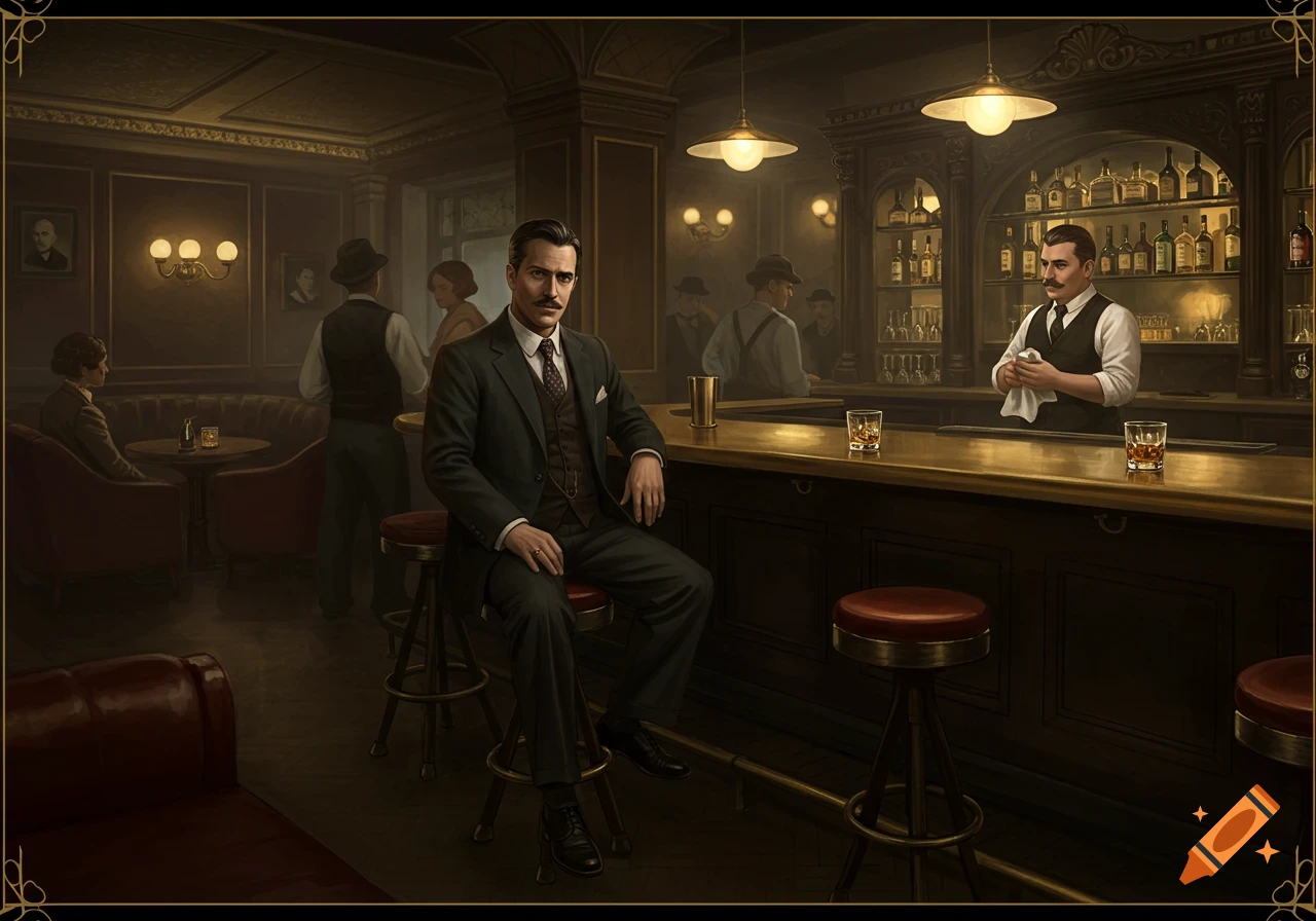A man in a suit sits at a brass bar counter in a dimly lit, vintage 1920s-style bar. A bartender and other patrons are in the background.