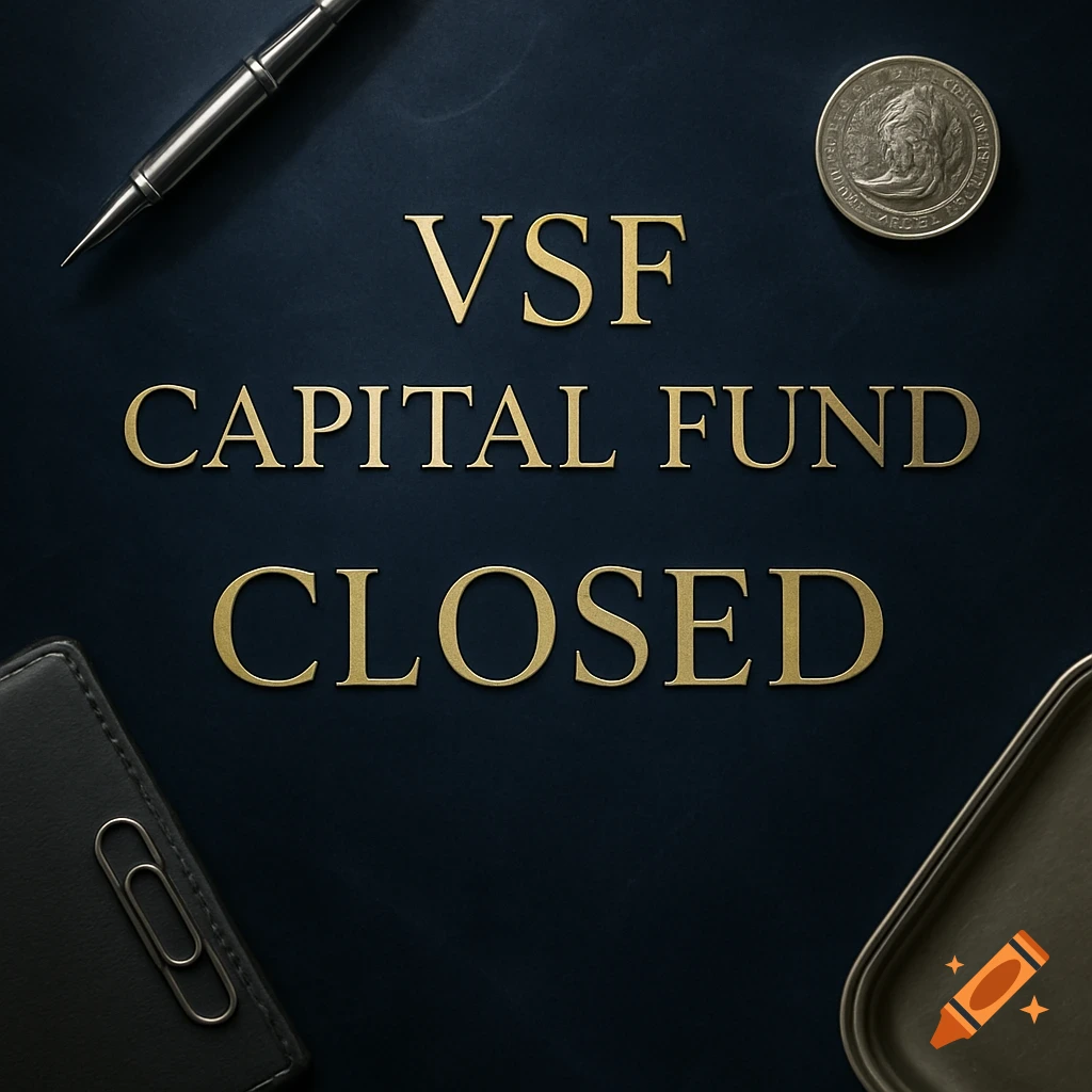 A top-down view of a dark blue surface with golden text "VSF CAPITAL FUND CLOSED" and luxury items like a pen, coin, and wallet.