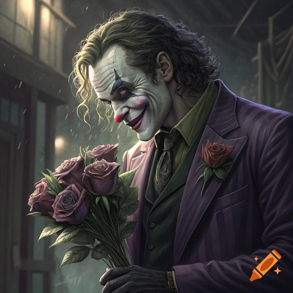 A creepy Joker-like figure with green hair and clown makeup, wearing a purple suit, holds a bouquet of purple roses in a rainy alley.