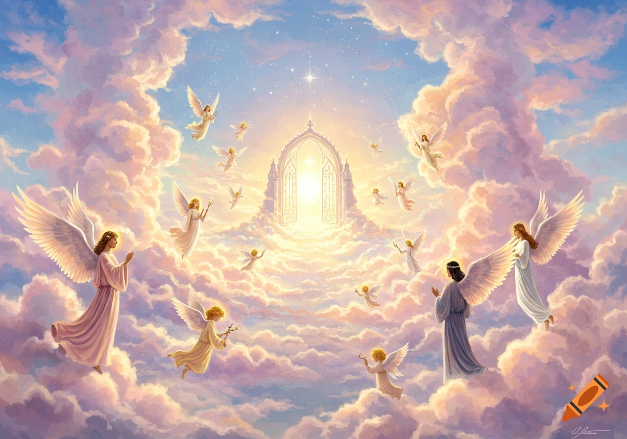 Numerous angels with wings fly among fluffy, colorful clouds towards a shining archway and a bright star in a serene sky.