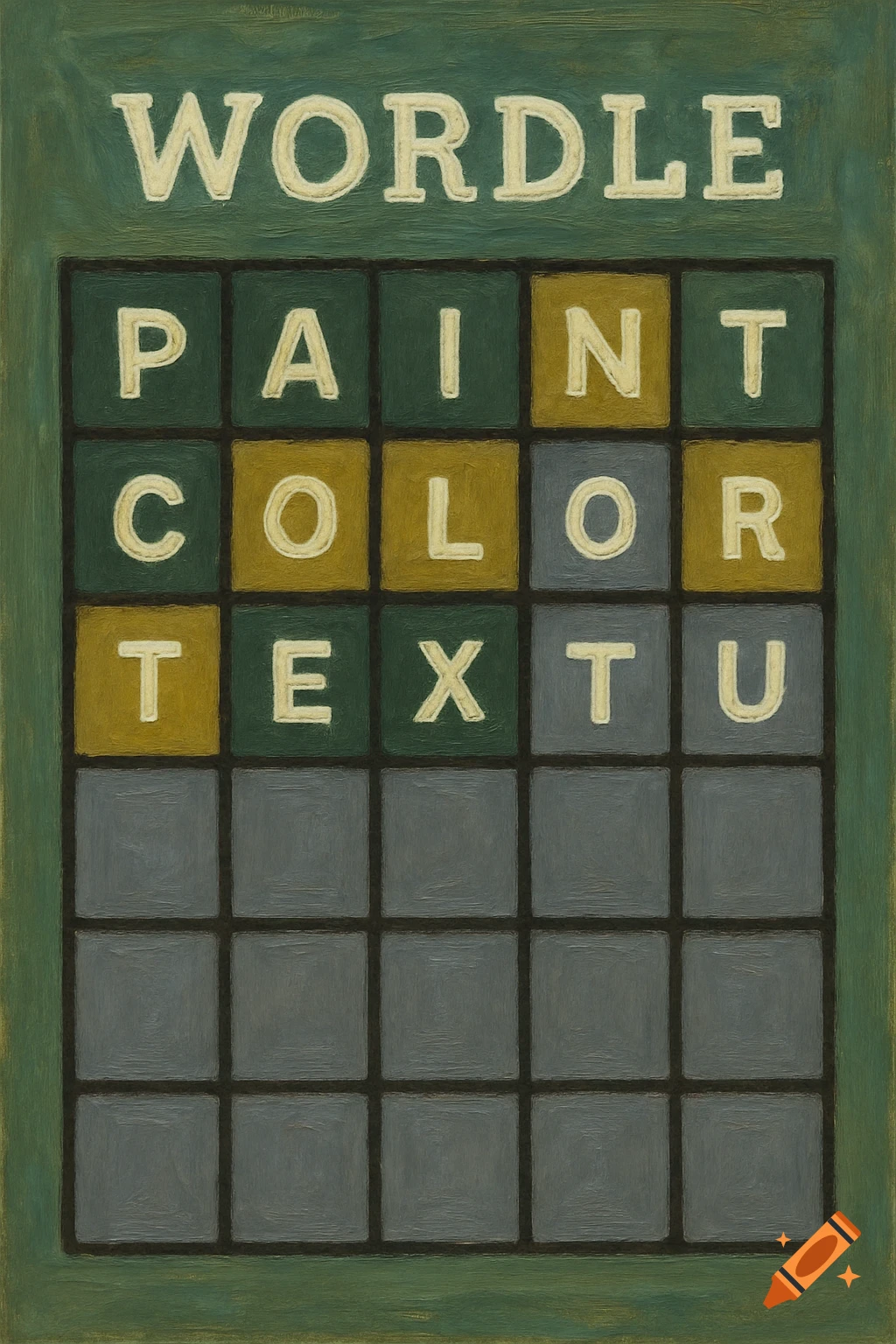 A stylized painting of a Wordle game board with the words "WORDLE", "PAINT", "COLOR", and "TEXTU" displayed in green, yellow, and grey squares.