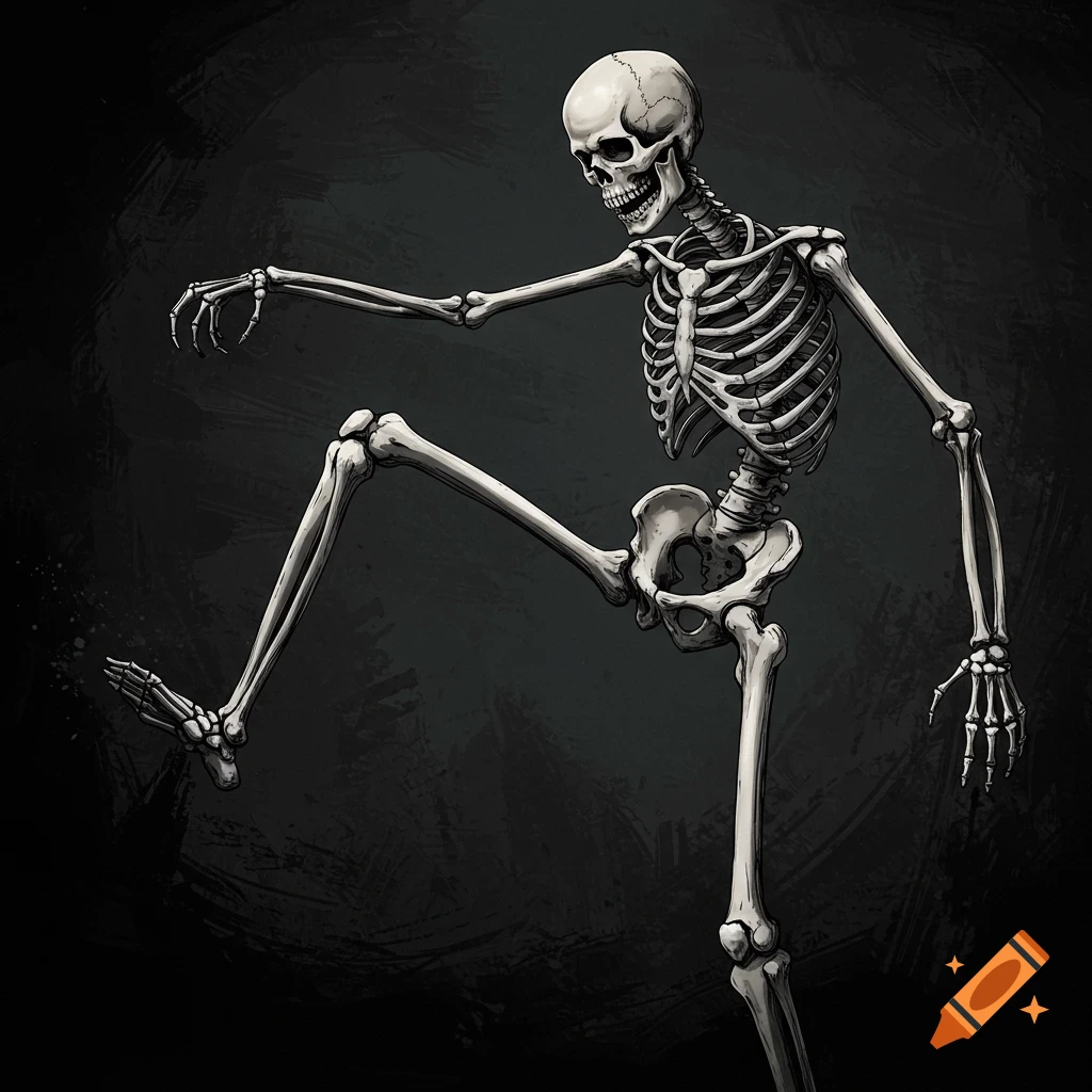 A detailed illustration of a skeleton in a dynamic pose, raising one leg as if to stomp, on a dark textured background.