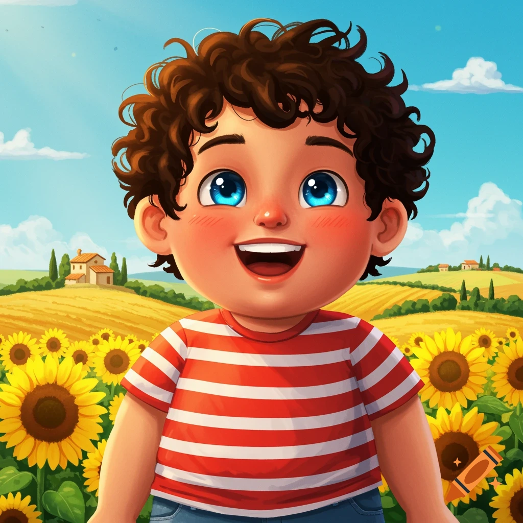 A happy cartoon boy with curly brown hair and blue eyes in a red and white striped shirt, standing in a vibrant sunflower field.