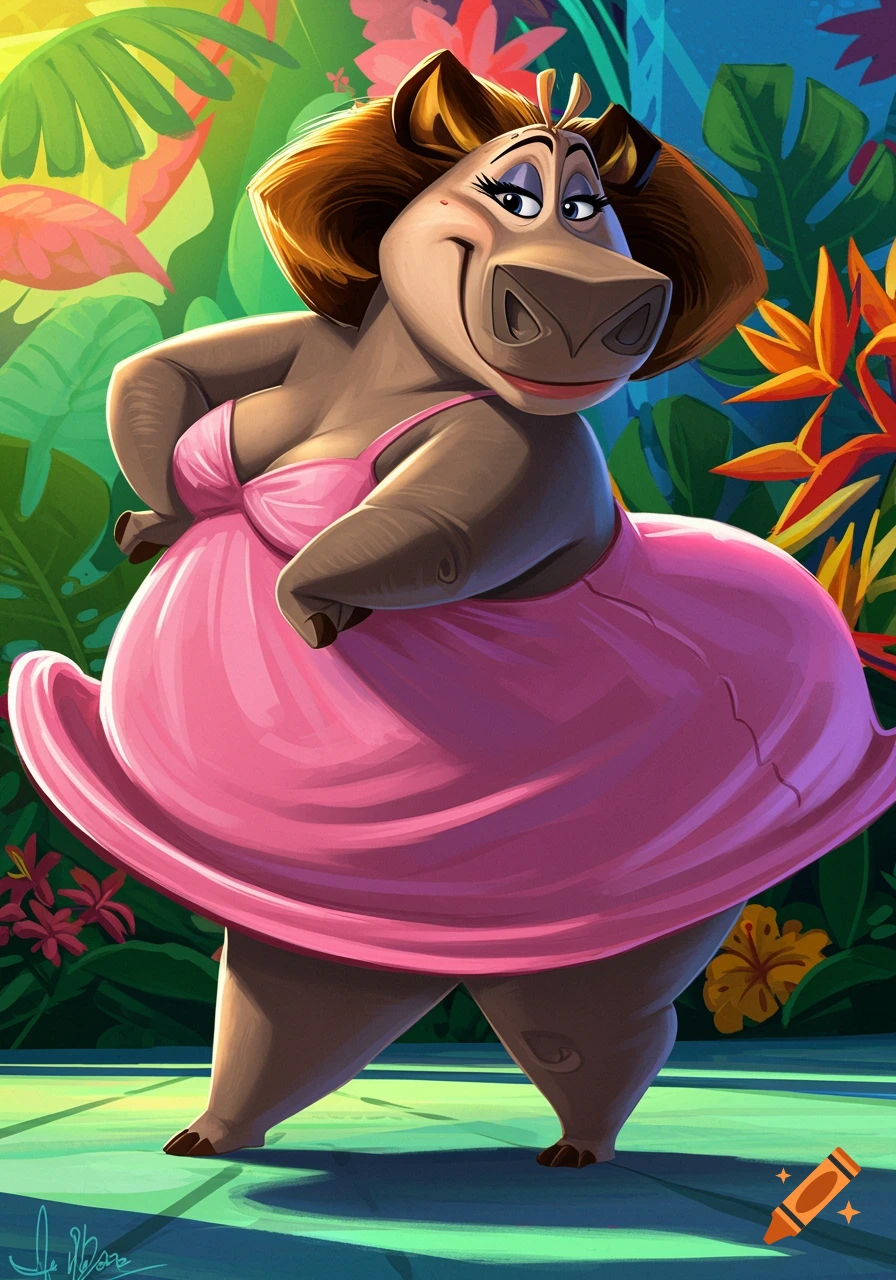 Cartoon of Gloria the Hippo from Madagascar in a pink dress, smiling in a tropical jungle setting.