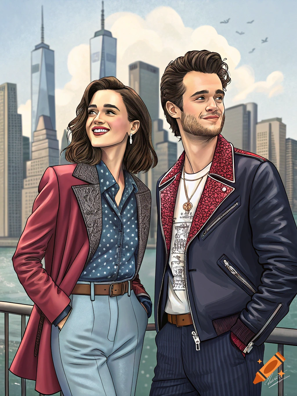 An illustration of a man and woman in stylish coats smiling, with a city skyline including skyscrapers and water in the background.
