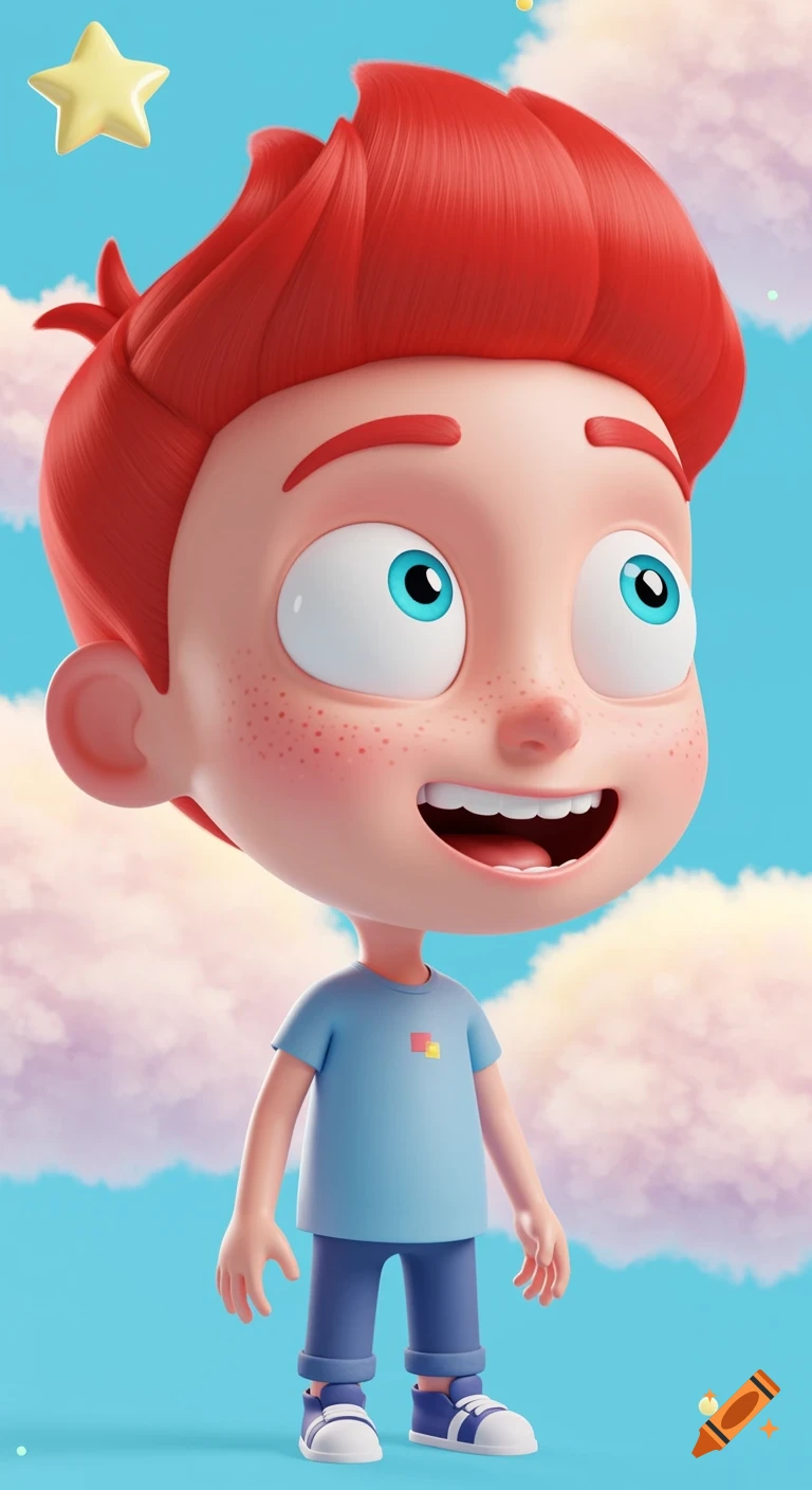 3D cartoon of a smiling boy with red hair and blue eyes in a blue shirt, looking up at a yellow star in a cloudy sky.
