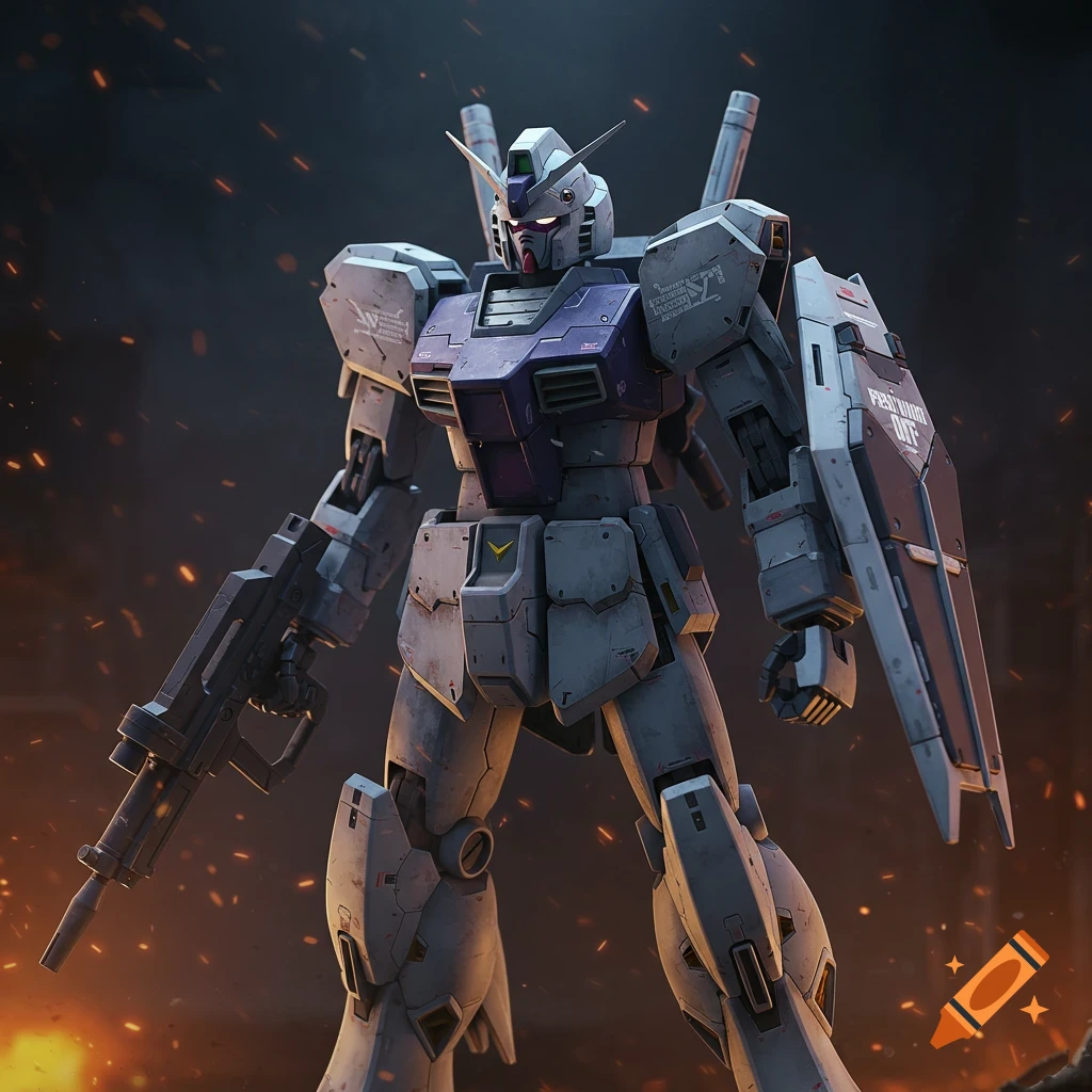 A detailed render of a gray and purple Gundam robot holding a rifle, standing against a dark background with orange embers.