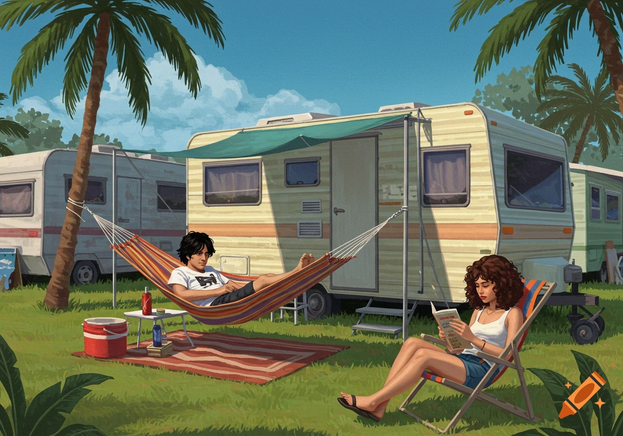 An illustration of a man relaxing in a hammock and a woman reading in a beach chair outside camper trailers in a sunny park.