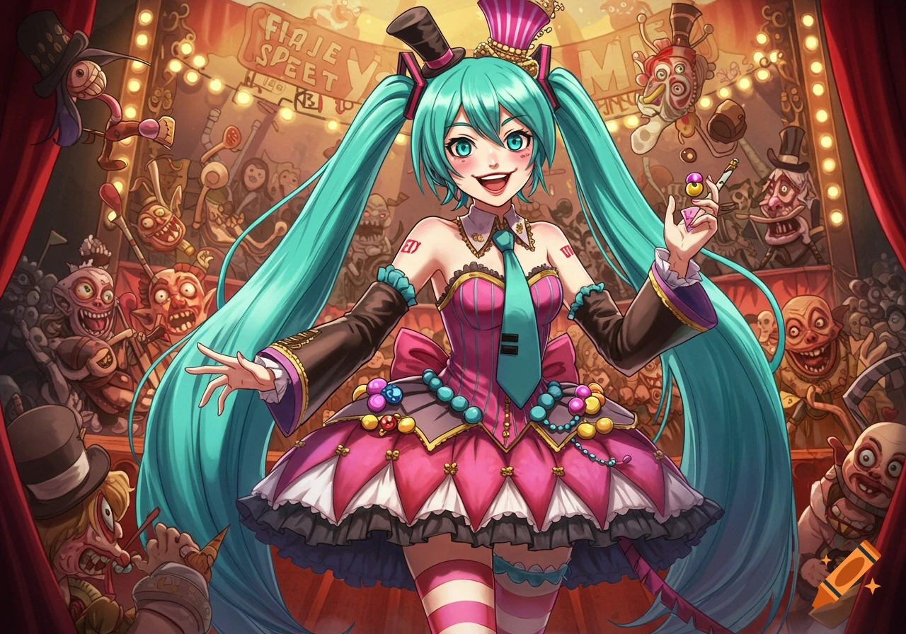 An anime character resembling Hatsune Miku in a pink and black circus costume, holding a colorful item, stands on stage surrounded by a grotesque cartoon audience with a 'Freak Show' sign in the background.