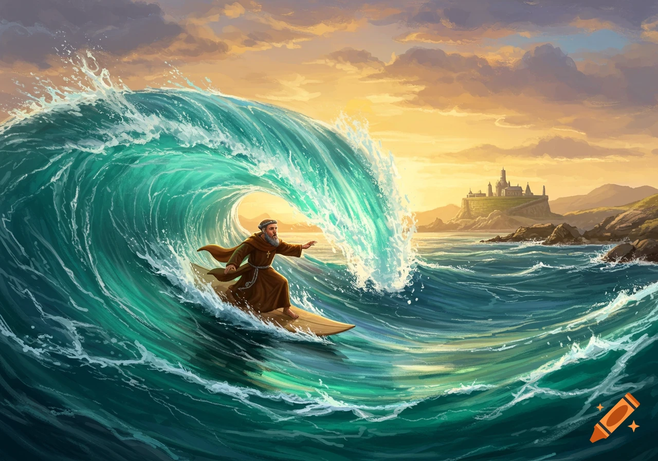 A bearded monk in brown robes surfs a large turquoise wave towards a distant castle on a rocky coast under a golden sunset sky, in an illustrated style.